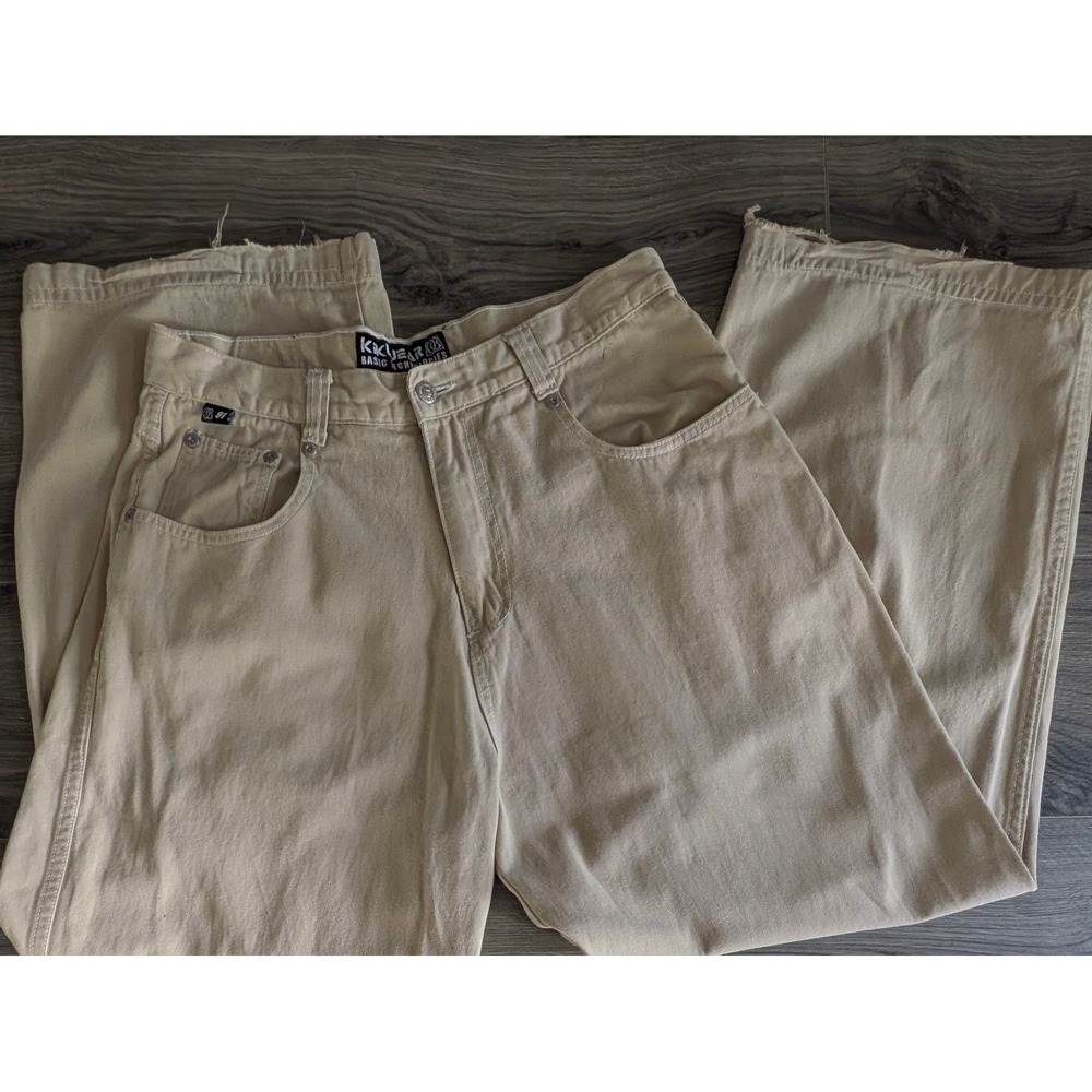 Rare 90s Kikwear Mens Wide Leg Skater Pants Tan Khaki Baggy Denim 32x41 Rave